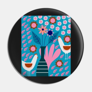 Hens in floral rain Pin