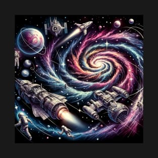 Galaxy with spaceships and astronauts T-Shirt