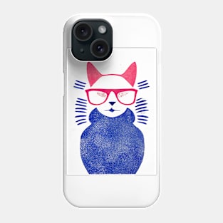 Pink Blue Hipster Cat Retro Poster Vintage Art Cat Wall Blue Pink Illustration Phone Case