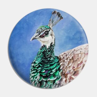 Peahen - painted bird portrait Pin