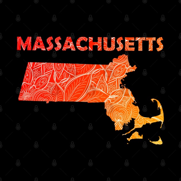 Colorful mandala art map of Massachusetts with text in red and orange by Happy Citizen