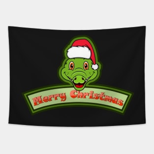 Sticker and Label Of  Crocodile Character Design and Merry Christmas Text. Tapestry