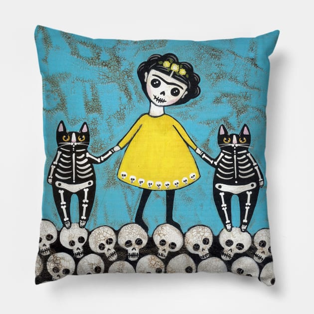 Yellow Skellie Cats Day of the Dead Pillow by KilkennyCat Art