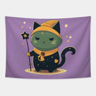 Magical Cat With Sorcerer's Staff Surrounded By Stars Tapestry