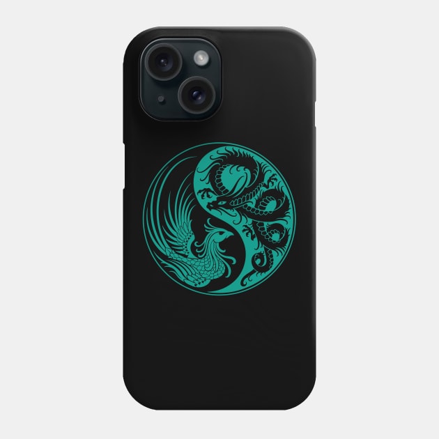 Teal Blue and Black Dragon Phoenix Yin Yang Phone Case by jeffbartels