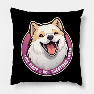 Funny Lick First, Ask Questions Later Chinook Sled Dog Design Pillow