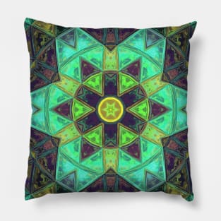 Mosaic Kaleidoscope Flower Green Yellow and Purple Pillow