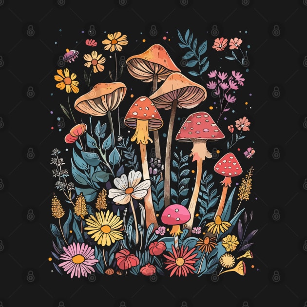 Mushrooms And Cozy Purple Flowers For Mushroom Lovers and Garden Floral Motifs Art by RetroZin