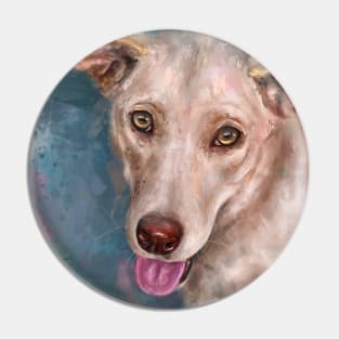 Painting of a Happy Blond Labrador With the Tongue Out on Light Blue Background Pin