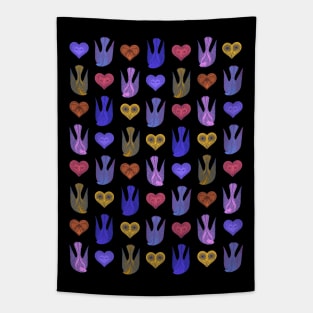 Lovely love birds with hearts pattern on black background Tapestry