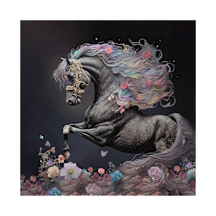 Black Horse with Long Mane & Flowers T-Shirt T-Shirt