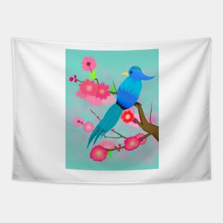 Peach Blossoms Paradise in Blue Background Tapestry