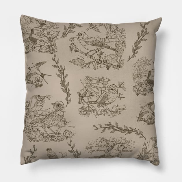 Birds (Burnt wood on Parchment) Pillow by davidroland