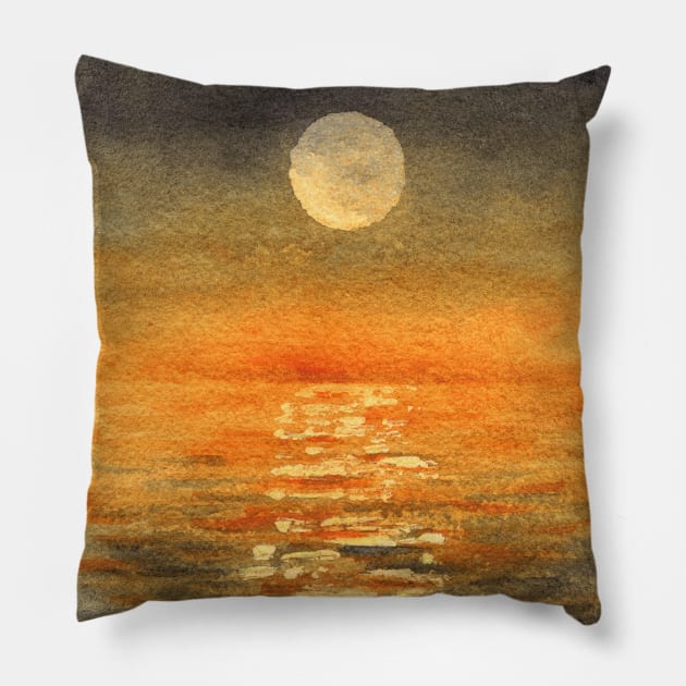 Golden Sunset Watercolor Painting Pillow by SRSigs