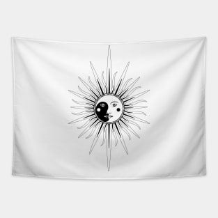 Sun Moon Face Black and White Tapestry