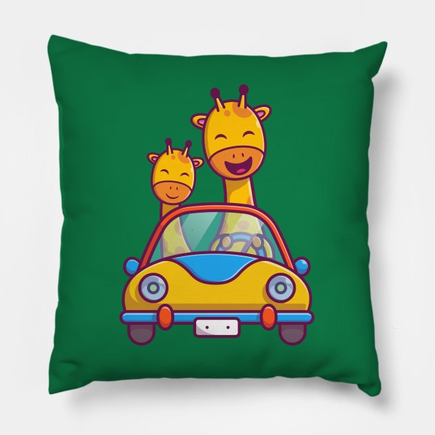 Cute Giraffe Riding Car Cartoon Pillow by Catalyst Labs