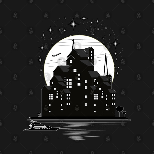 Black buildings moonlight and sparkling stars by TheMegaStore