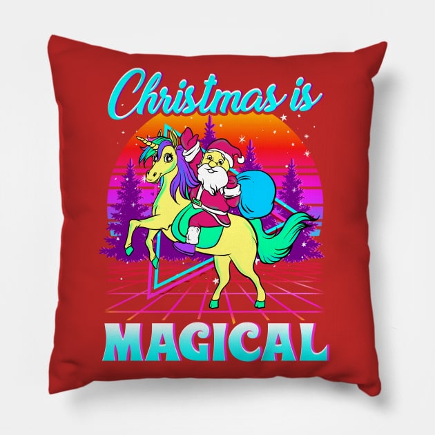 Christmas Is Magical Retro Unicorn Santa Pillow by E