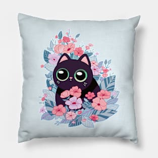 Cute Black Cat with flowers Pillow