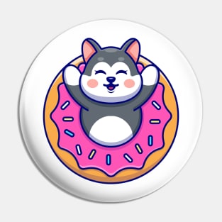 Cute husky with doughnut cartoon Pin