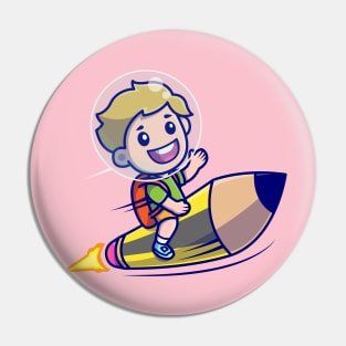 Cute Boy Riding Pencil Rocket Cartoon Pin