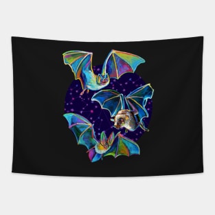 Psychedelic Bat Trio Pattern on Blue Tapestry