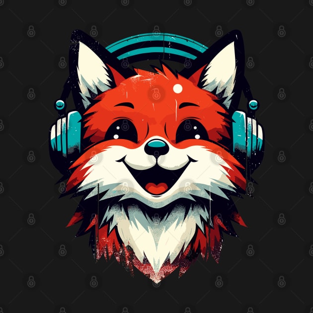 Funny Smiling musical fox wearing headphones by TomFrontierArt