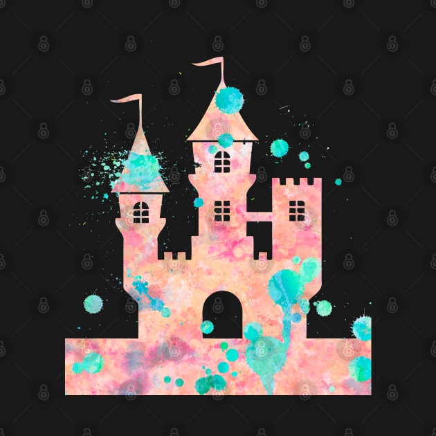 Princess Castle Watercolor Painting Pink Turquoise by Miao Miao Design