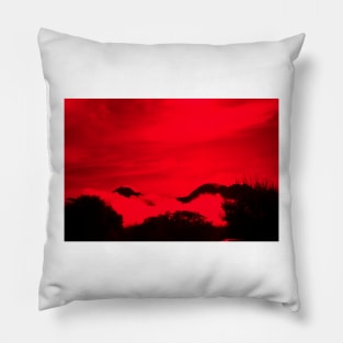 New Zealand tiered scene of high country mountains and bush shrouded by low cloud with wind-blow cloud above in red and black effect. Pillow