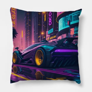 Dark Neon Sports Car in Japanese Neon City Pillow