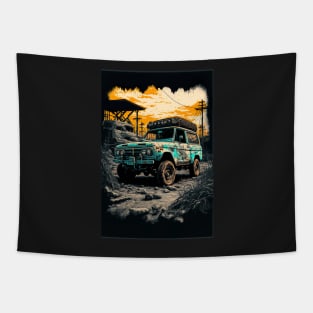 Teal Safari pick up truck in the ruined world Tapestry