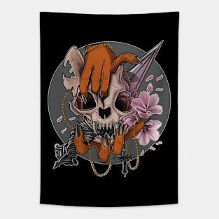 Silver moon skull cat Tapestry