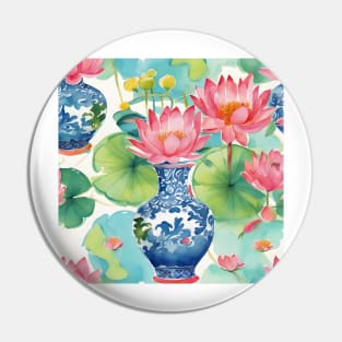 Waterlilies and chinoiserie jars watercolor painting Pin