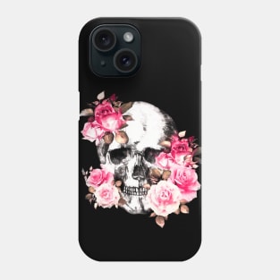 Floral skull for gothic girl, Floral Skull with pink roses, watercolor style, botanical anatomy Phone Case