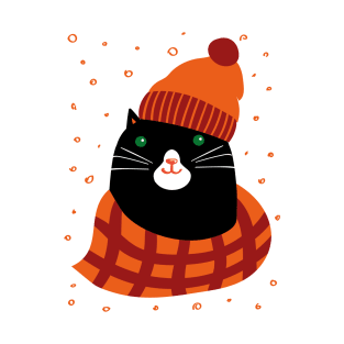 Black cat dressed in warm knitted hat and scarf T-Shirt