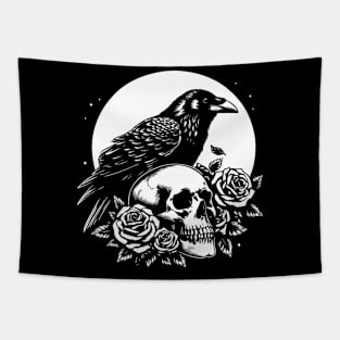 raven sitting on the skull during full moon Tapestry