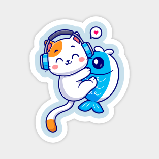 Cute Cat Hug Fish With Headphone Cartoon Magnet