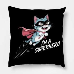 A vibrant and humorous anime-style painting of a flying cat superhero Pillow