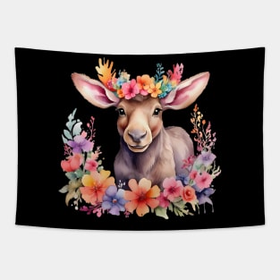 A moose decorated with beautiful watercolor flowers Tapestry