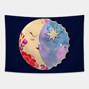 Mexican moon with folk flowers and stars Tapestry