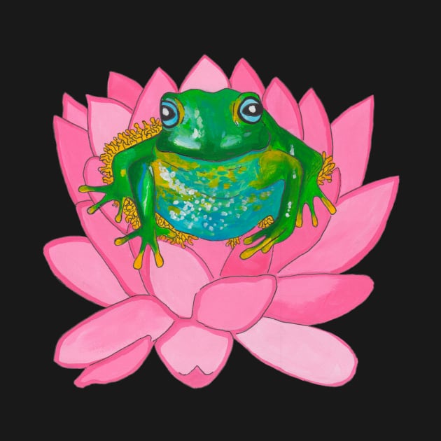 Green frog on pink flower by deadblackpony