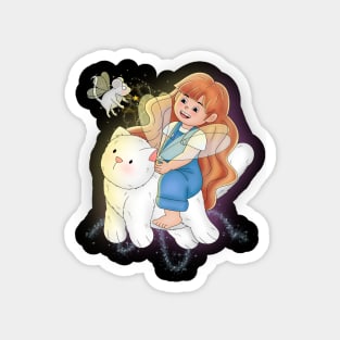 Little Girl Flying With White Cat Magnet