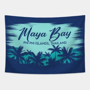 Maya Bay Phi Phi Islands, Thailand Retro Beach Landscape with Palm Trees Tapestry