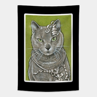 Gray Kitty With Ribbon - White Outlined Version Tapestry