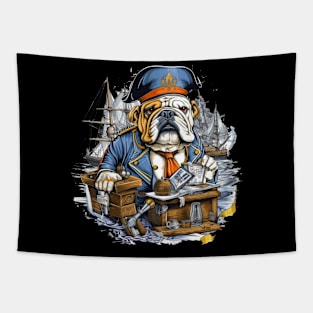 Accountant English Bulldog t-shirt design, a bulldog wearing a captain's hat and holding a telescope Tapestry