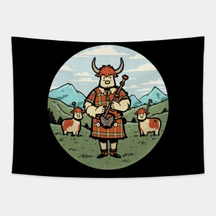 Highland Cows' Kilted Bagpipes Performance Tapestry