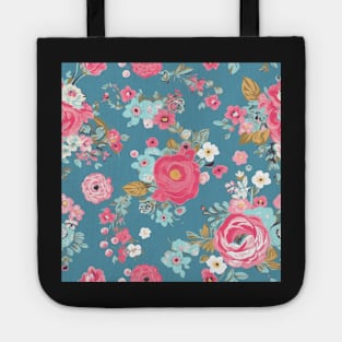 Pink and Blue Shabby Chic  Floral Flowers, Pretty Feminine Pattern on Blue Background Tote