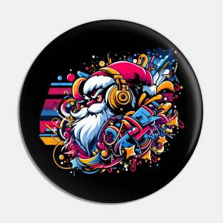 Santa Claus with headphones on his ears listening to music. Pin