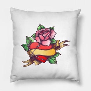 Heart and Rose Flower and Ribbon Pillow