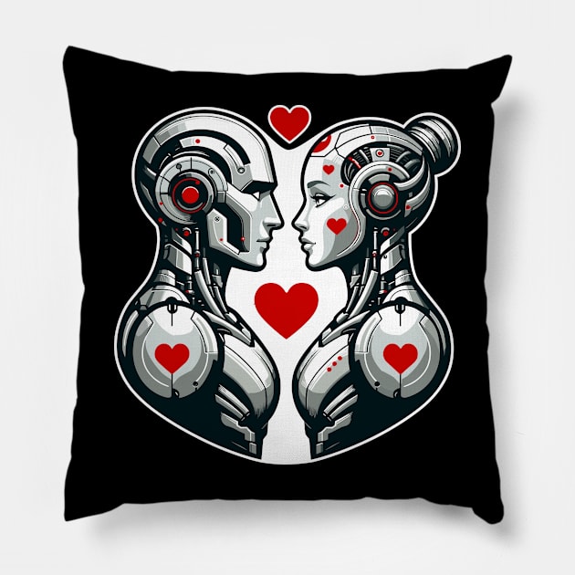 Robot Couple Love T-Shirt, Cute Cyber Romance Graphic Tee, Unisex Adult Sci-Fi Shirt, Valentine's Day Gift Idea Pillow by Cat In Orbit ®